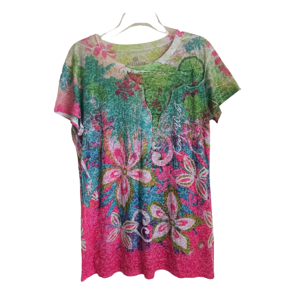 Artisans Multicolor burnout short sleeve Margarita glass floral t-shirt size L